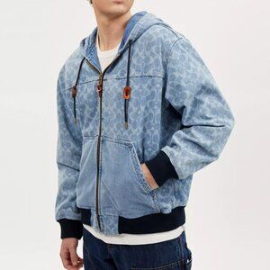 New Men's coach Signature Denim Hooded Zip Up Jacket